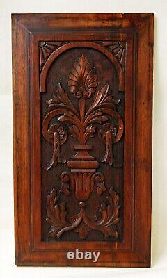 Large Pair Antique Aesthetic Movement Carved Wood Walnut Urn & Floral Panels