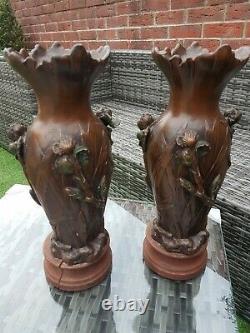 Large Pair of French Art Nouveau Metal Vases, Signed Heingle