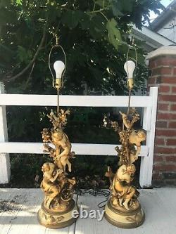 Large pair of spelter lamps, art nouveau figures on a tree signed Moreau