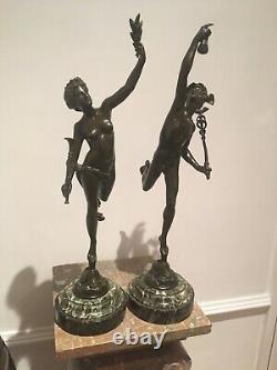 Large signed pair 19th grand tour Antique 20inch bronzes of Hermes and Fortuna