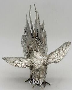 Large well modelled PAIR of solid silver FIGHTING COCKS ROOSTERS. C1920. 1,017gm