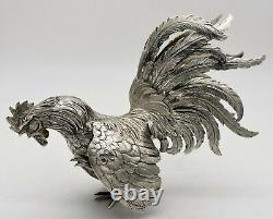 Large well modelled PAIR of solid silver FIGHTING COCKS ROOSTERS. C1920. 1,017gm