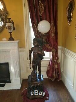 Life Size Pair Of Auguste Moreau Signed Cherub Torchiere Newel Post Lamp Light