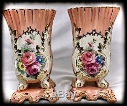 Limoges Vases Mantle Vase 2 Pink Pair Hand Painted Signed Antique