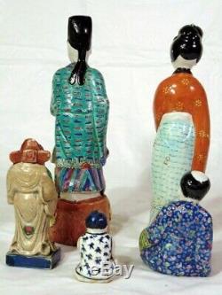 Lot Chinese Porcelain Figures Rose Famille Carved Stone Scholar Signed Couple