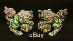 Lot Pair Big Chinese Foo Dog Statues Figurines Signed Made In Japan Unique Color