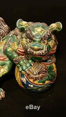 Lot Pair Big Chinese Foo Dog Statues Figurines Signed Made In Japan Unique Color