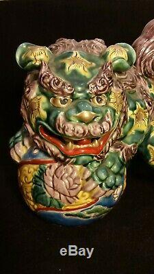 Lot Pair Big Chinese Foo Dog Statues Figurines Signed Made In Japan Unique Color