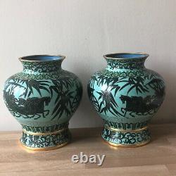 Lovely Pair Chinese Cloisonne Vases Bamboo & Chariots Design Signed