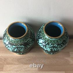 Lovely Pair Chinese Cloisonne Vases Bamboo & Chariots Design Signed