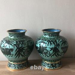 Lovely Pair Chinese Cloisonne Vases Bamboo & Chariots Design Signed