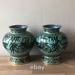 Lovely Pair Chinese Cloisonne Vases Bamboo & Chariots Design Signed