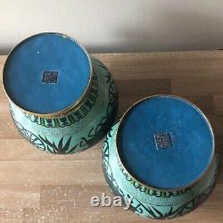Lovely Pair Chinese Cloisonne Vases Bamboo & Chariots Design Signed