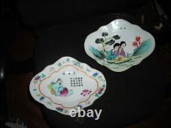 Lovely Pair Of Signed Antique Antique Tongzi Chinese Footed Dishes 11x9x2