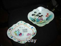 Lovely Pair Of Signed Antique Antique Tongzi Chinese Footed Dishes 11x9x2