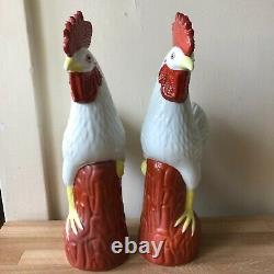 Lovely Pair of Large Chinese Rooster Figurines Signed