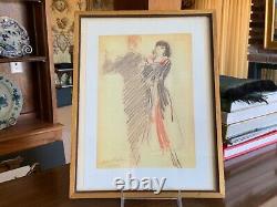 Lovely Vintage French Drawing Couple Dancing Pencil Chalkware Signed Framed