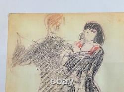 Lovely Vintage French Drawing Couple Dancing Pencil Chalkware Signed Framed