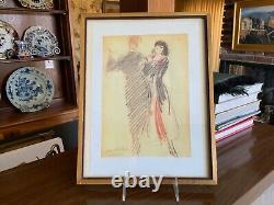 Lovely Vintage French Drawing Couple Dancing Pencil Chalkware Signed Framed