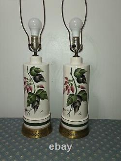 MCM Pair Of Hand Painted Signed Floral Pink Flower Green Leaves VTG Table Lamps