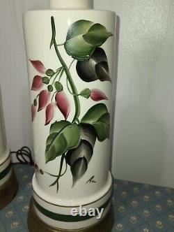 MCM Pair Of Hand Painted Signed Floral Pink Flower Green Leaves VTG Table Lamps