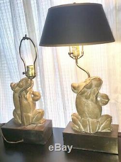 MCM Vtg. Pair/2 Signed Chapman Brass & Composition Dancing Frog Table Lamps