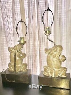 MCM Vtg. Pair/2 Signed Chapman Brass & Composition Dancing Frog Table Lamps