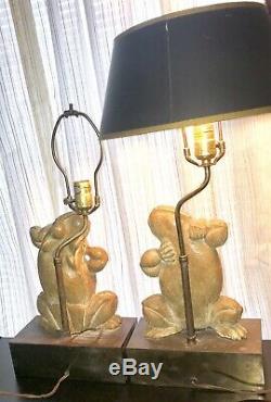 MCM Vtg. Pair/2 Signed Chapman Brass & Composition Dancing Frog Table Lamps