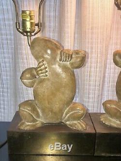 MCM Vtg. Pair/2 Signed Chapman Brass & Composition Dancing Frog Table Lamps