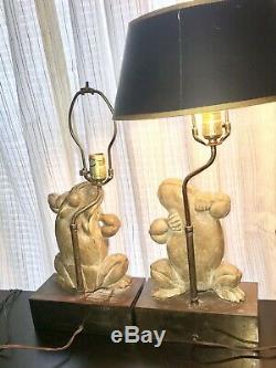 MCM Vtg. Pair/2 Signed Chapman Brass & Composition Dancing Frog Table Lamps