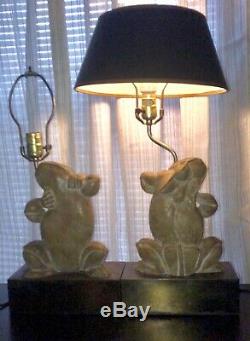 MCM Vtg. Pair/2 Signed Chapman Brass & Composition Dancing Frog Table Lamps