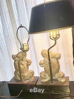 MCM Vtg. Pair/2 Signed Chapman Brass & Composition Dancing Frog Table Lamps