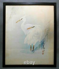 MODERNIST JAPANESE VINT SIGNED WithC PAIR SNOWY WHITE EGRETS, WithRED STAMPED MARK