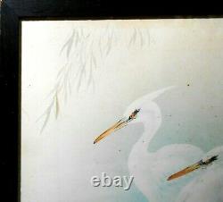 MODERNIST JAPANESE VINT SIGNED WithC PAIR SNOWY WHITE EGRETS, WithRED STAMPED MARK
