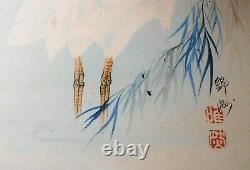 MODERNIST JAPANESE VINT SIGNED WithC PAIR SNOWY WHITE EGRETS, WithRED STAMPED MARK