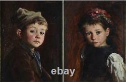 Marie (Mizzi) Wunsch Fine Pair Antique Genre Oil Painting Portrait Children