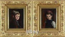 Marie (Mizzi) Wunsch Fine Pair Antique Genre Oil Painting Portrait Children