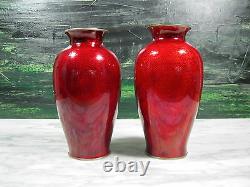 Matching Pair Japanese Yamamoto Pigeon Blood Akasuke Foil Cloisonne Vases Signed