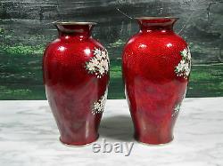 Matching Pair Japanese Yamamoto Pigeon Blood Akasuke Foil Cloisonne Vases Signed