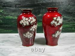 Matching Pair Japanese Yamamoto Pigeon Blood Akasuke Foil Cloisonne Vases Signed