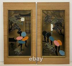 Mid Century Geisha Silkscreen Signed Japanese Vintage Bonsai Tree Painting Pair