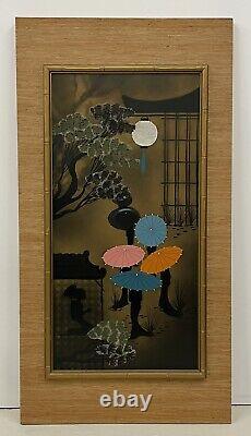 Mid Century Geisha Silkscreen Signed Japanese Vintage Bonsai Tree Painting Pair