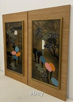 Mid Century Geisha Silkscreen Signed Japanese Vintage Bonsai Tree Painting Pair