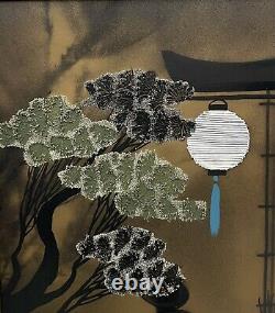 Mid Century Geisha Silkscreen Signed Japanese Vintage Bonsai Tree Painting Pair