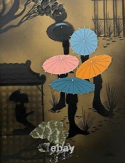 Mid Century Geisha Silkscreen Signed Japanese Vintage Bonsai Tree Painting Pair