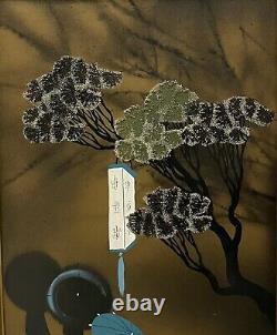 Mid Century Geisha Silkscreen Signed Japanese Vintage Bonsai Tree Painting Pair
