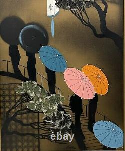 Mid Century Geisha Silkscreen Signed Japanese Vintage Bonsai Tree Painting Pair