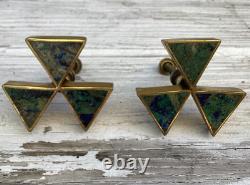 Midcentury Signed Pair Castillo Brass Malachite Inlaid Pulls Handles-Rare Unused