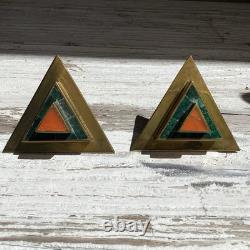 Midcentury Signed Pair Castillo Brass Malachite Inlaid Pulls Handles-Rare Unused