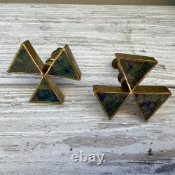 Midcentury Signed Pair Castillo Brass Malachite Inlaid Pulls Handles-Rare Unused